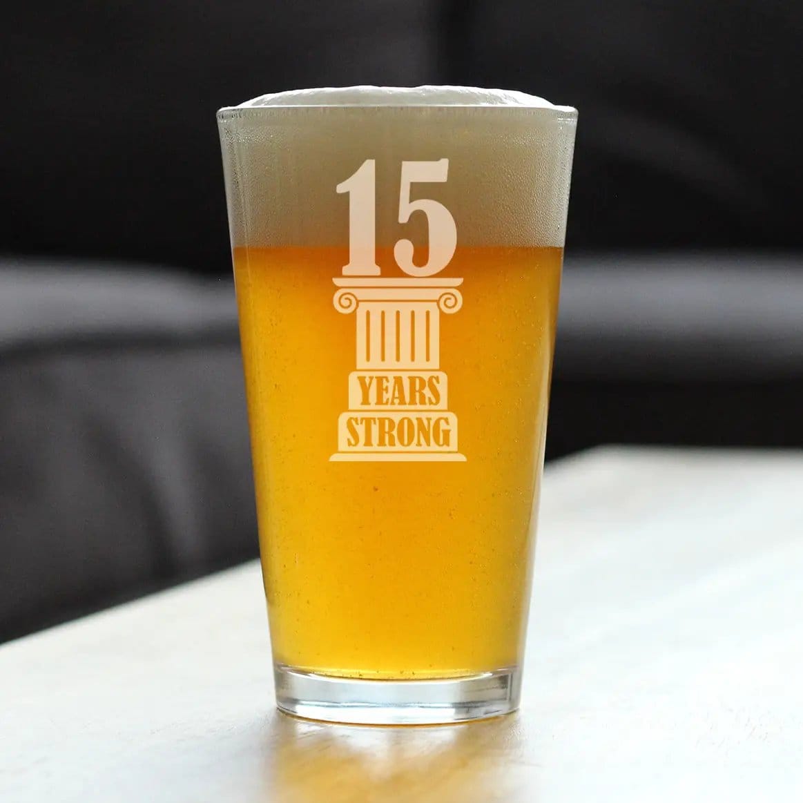 Etched Pint Glass | 16 oz Beer Glass | Dishwasher Safe | 15 Years Strong Engraved
