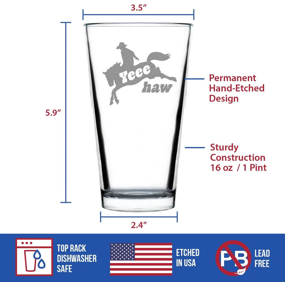 Etched Pint Glass | 16 oz Beer Glass | Dishwasher Safe | Yeehaw Engraved