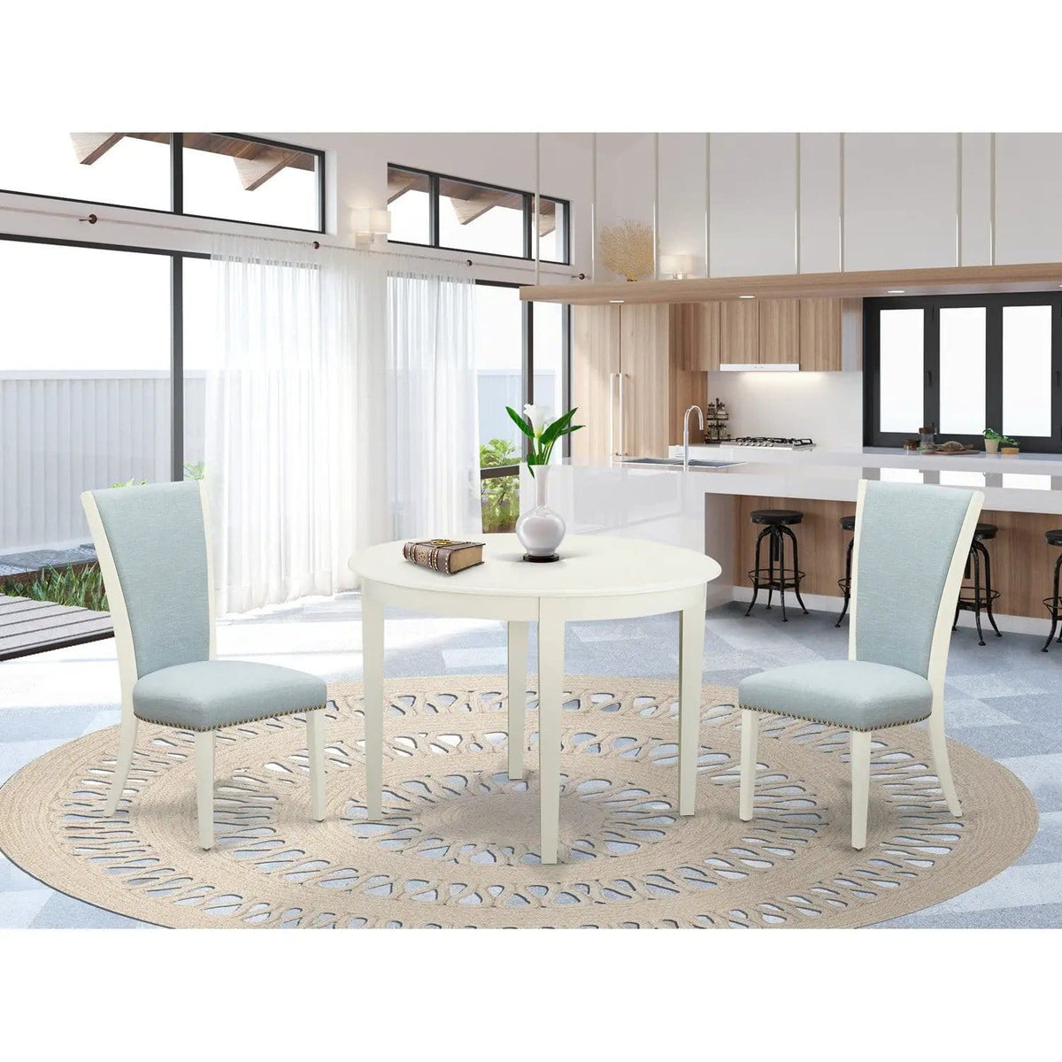 EAST WEST FURNITURE BOVE3-WHI-15 3 Piece Dining Table Set 2 Baby Blue Linen Fabric | 3-Piece Set | Linen & Fabric | linen white Finish