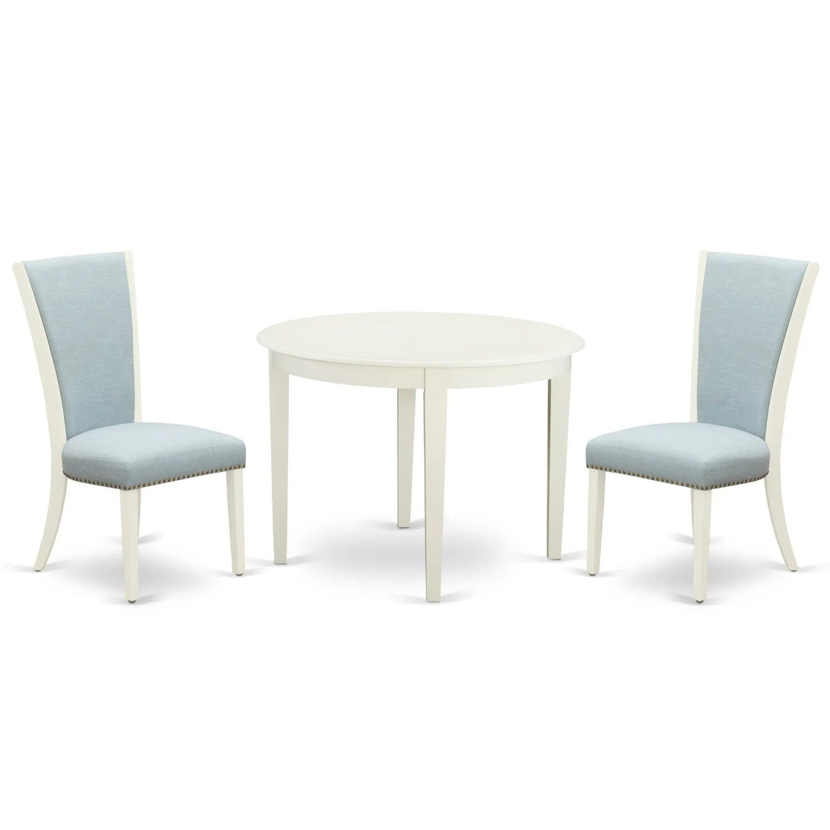 EAST WEST FURNITURE BOVE3-WHI-15 3 Piece Dining Table Set 2 Baby Blue Linen Fabric | 3-Piece Set | Linen & Fabric | linen white Finish