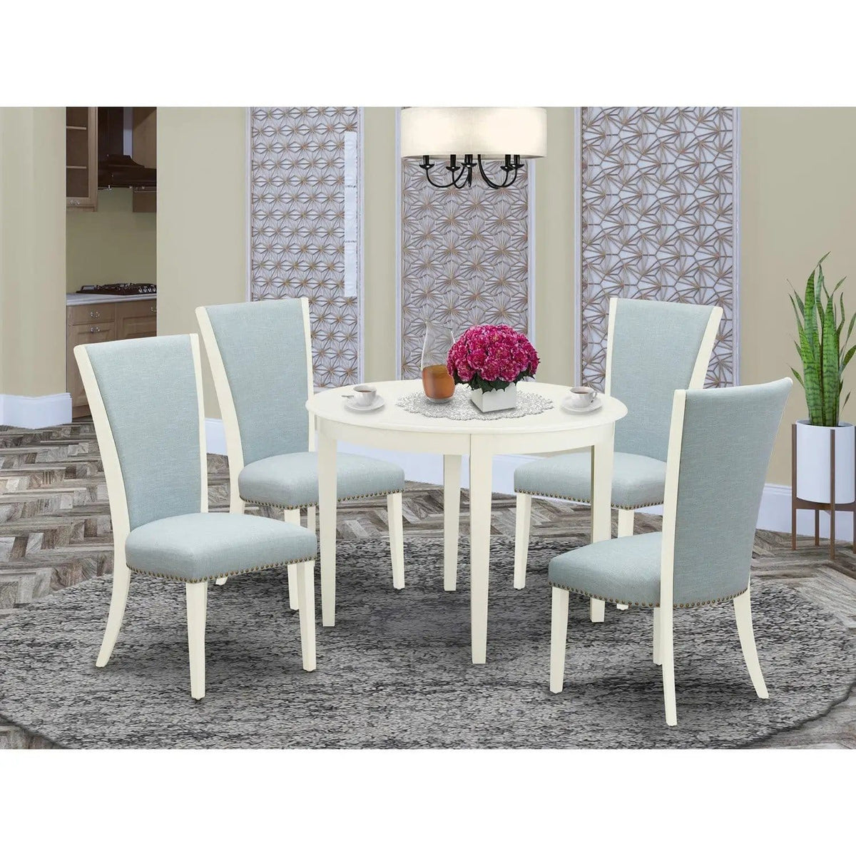 EAST WEST FURNITURE BOVE5-WHI-15 5 Pc Modern Dining Table Set 4 Baby Blue Linen | 5-Piece Set | Solid Wood & Linen | linen white Finish