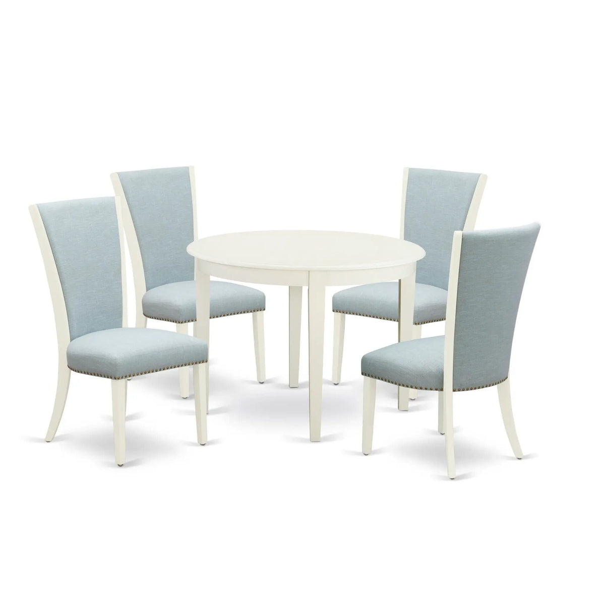 EAST WEST FURNITURE BOVE5-WHI-15 5 Pc Modern Dining Table Set 4 Baby Blue Linen | 5-Piece Set | Solid Wood & Linen | linen white Finish