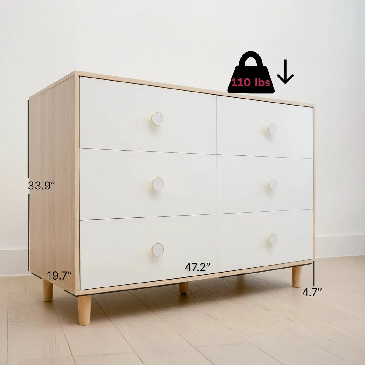 White Baby Dresser 6-Drawer Storage Dresser with Solid Wood Legs for Kids Bedroom Wide Chest Organizer for Baby Clothes Toys Nursery Essentials from PriceLows™