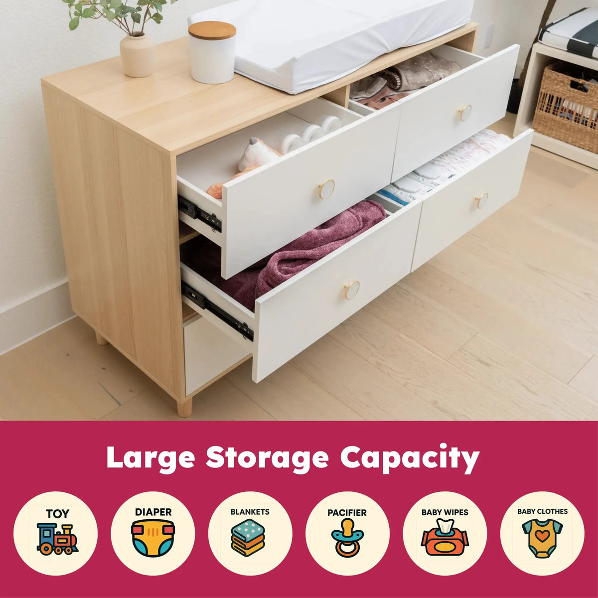 White Baby Dresser 6-Drawer Storage Dresser with Solid Wood Legs for Kids Bedroom Wide Chest Organizer for Baby Clothes Toys Nursery Essentials from PriceLows™