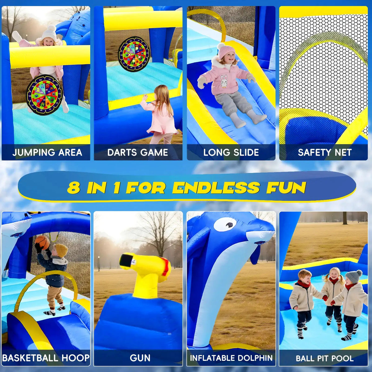 Inflatable Water Slide 8in1 Bounce House Outdoor Backyard Kids Play Center Dolphin Sprinkler Water Gun Basketball Target Games from PriceLows™