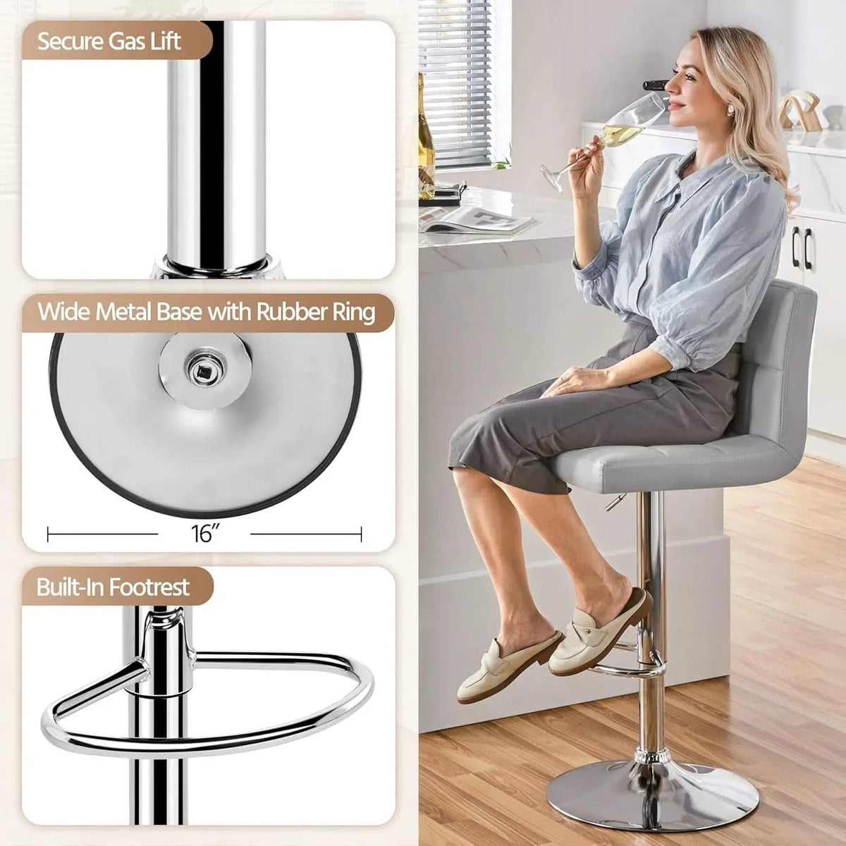 Bar Stools 2 Pack Adjustable Gray PU Leather Counter Height from PriceLows™