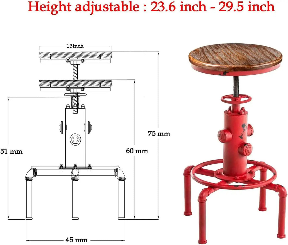Antique Industrial Barstools Set With Adjustable Wooden Seats from PriceLows™