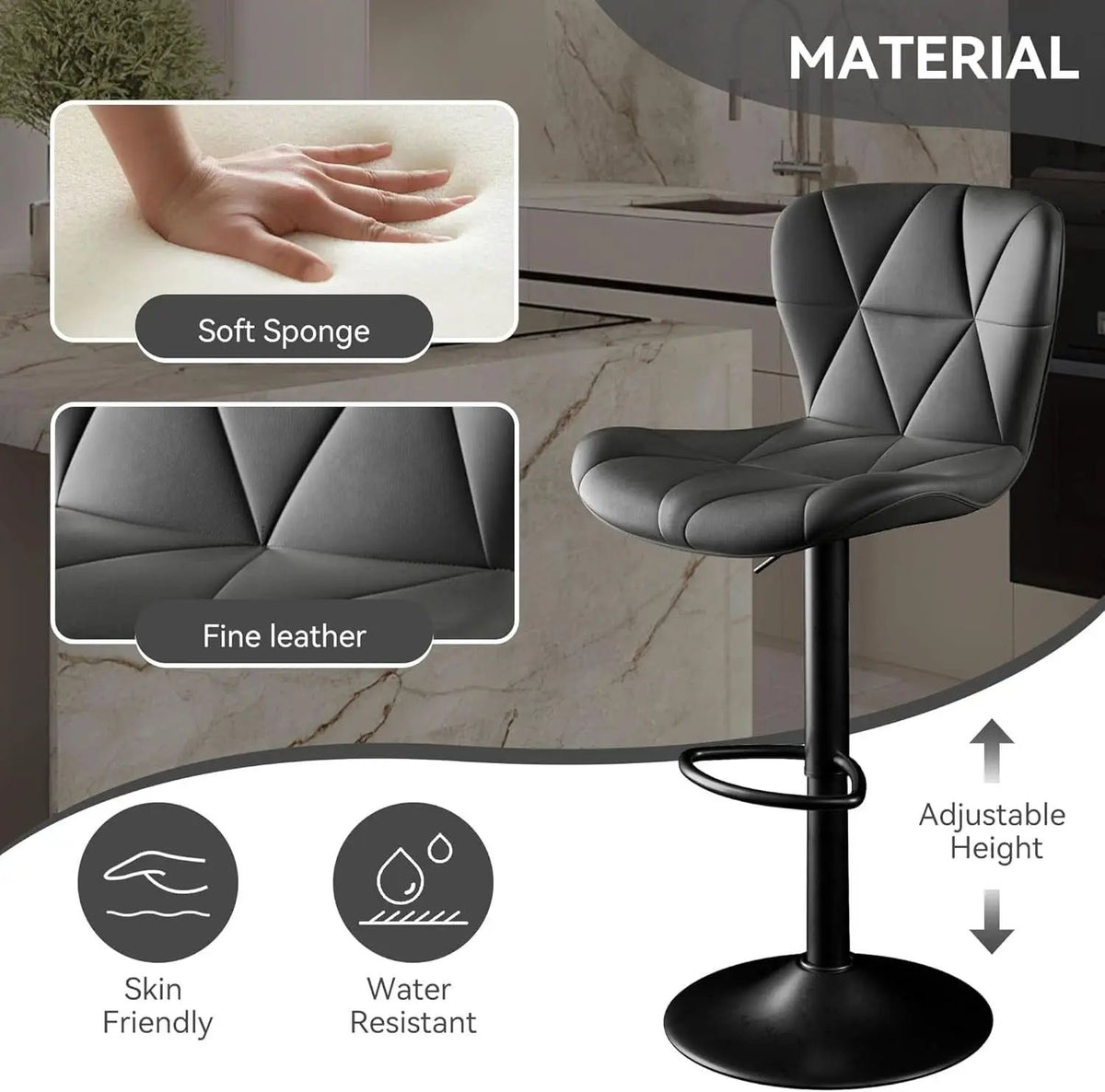 Bar Stools Set Of 2 Adjustable Swivel Faux Leather Black from PriceLows™