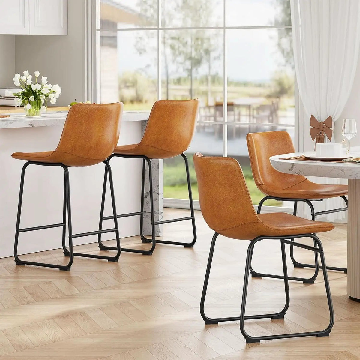 Bar Stools Set Of 4 26 Inch Brown PU Leather Counter Height from PriceLows™