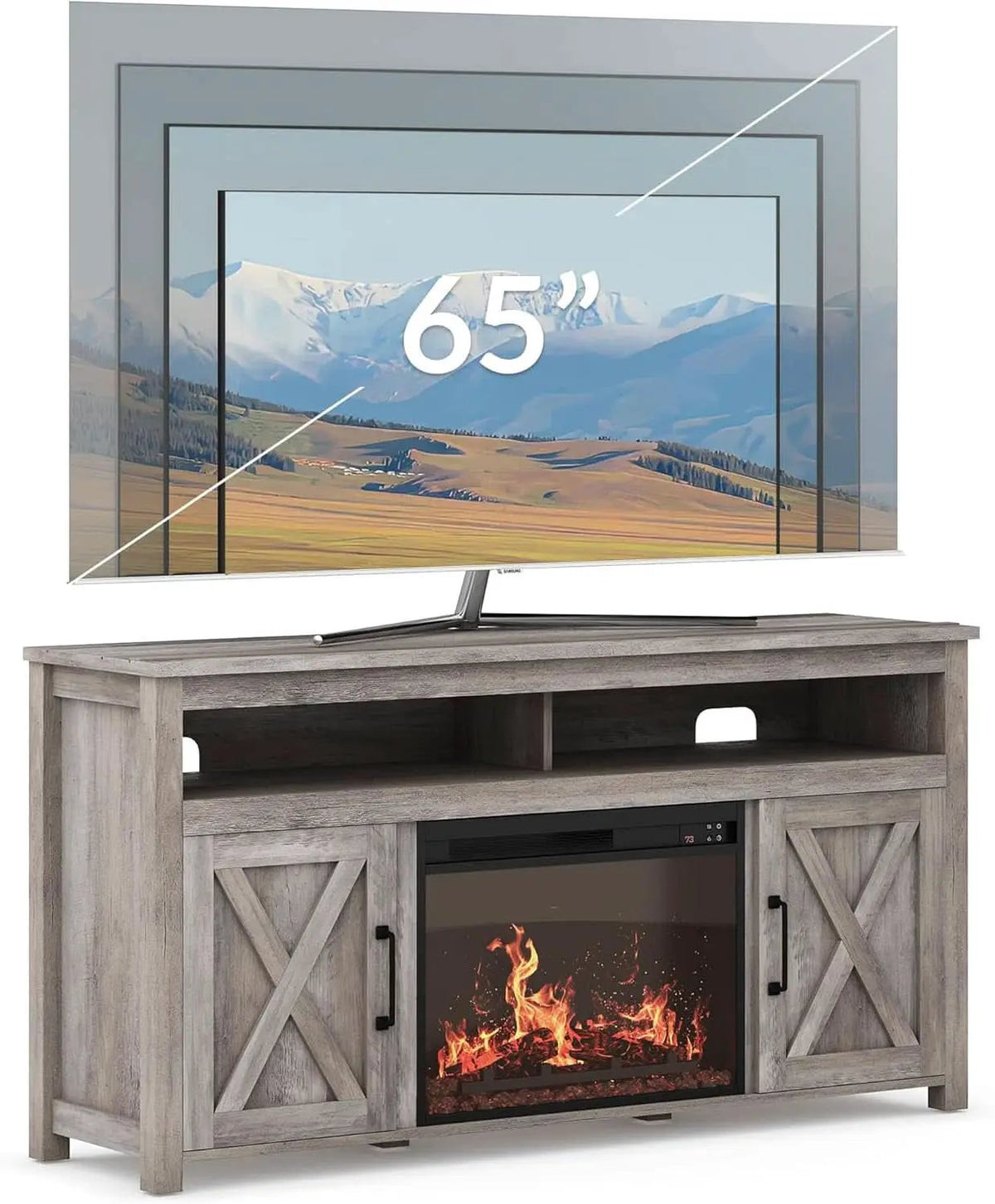 Barn Door Electric Fireplace TV Stand For 65 Inch TVs Gray from PriceLows™