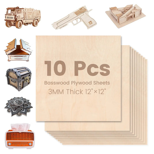 Basswood Plywood Sheets | 10 Pack | 12 x 12 Inch | 3mm | Laser Ready