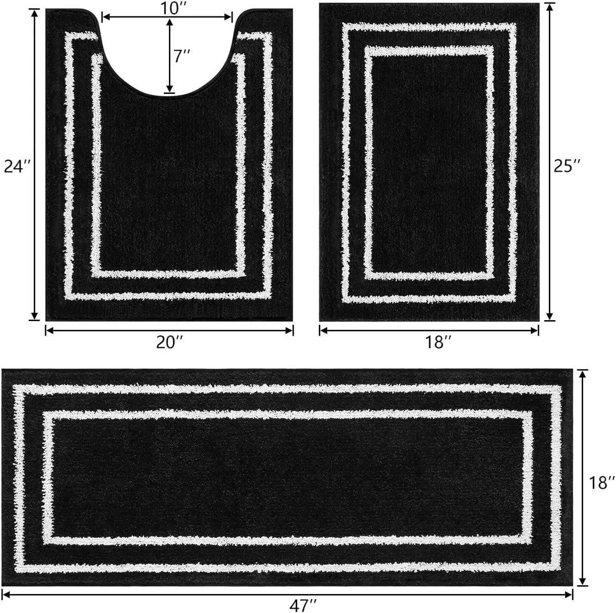 3-Piece Black Bathroom Mat Set, Non-Slip, Machine Washable, Soft Shaggy Microfiber Absorbent Bath Mat Set with U Shaped from PriceLows™