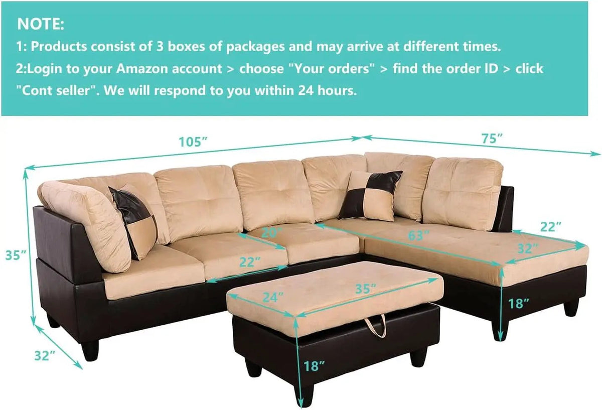 Beige 105 Inch L Shaped Sectional Sofa With Storage Ottoman from PriceLows™