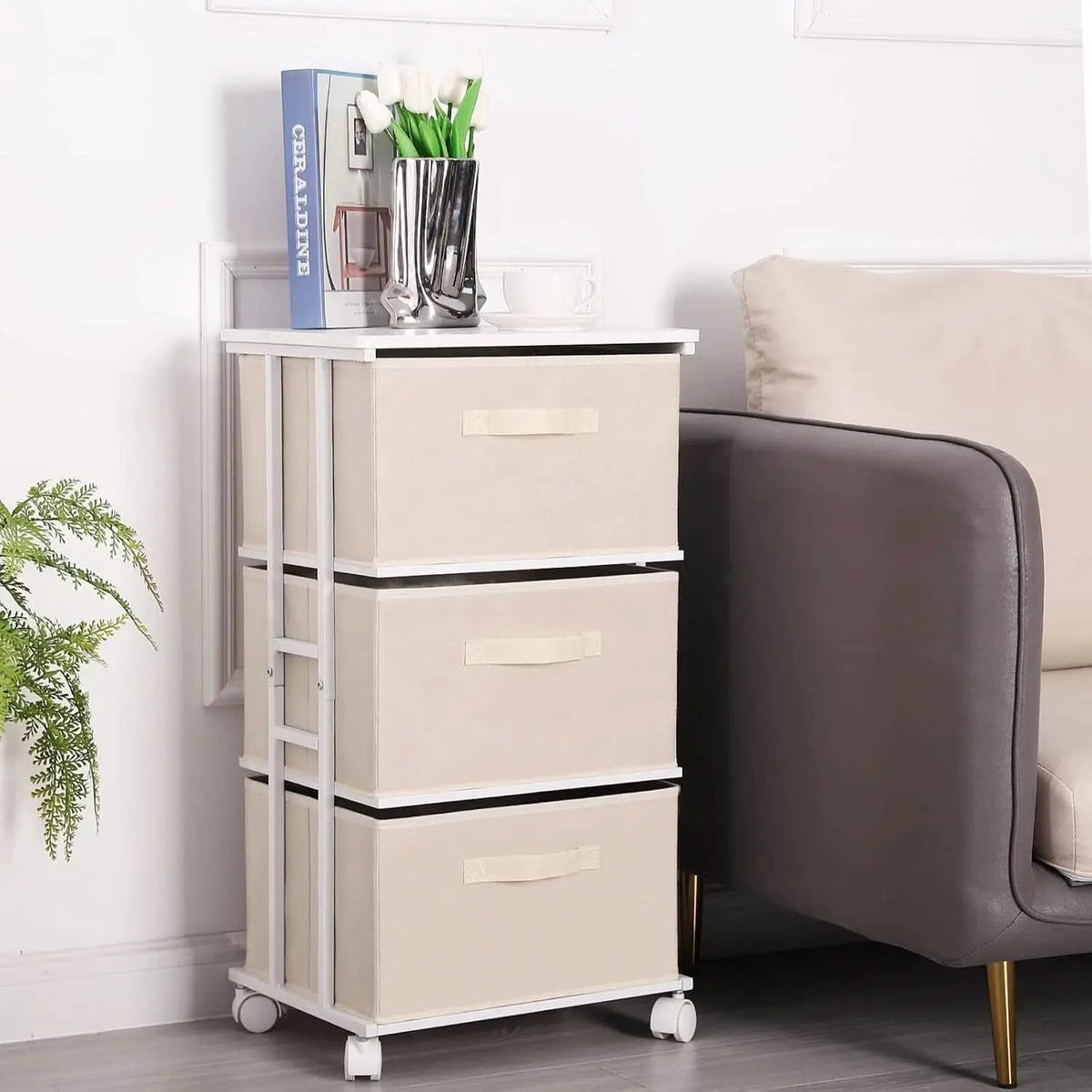 Beige Dresser Tower With 3 Drawers And Wood Top Fabric from PriceLows™