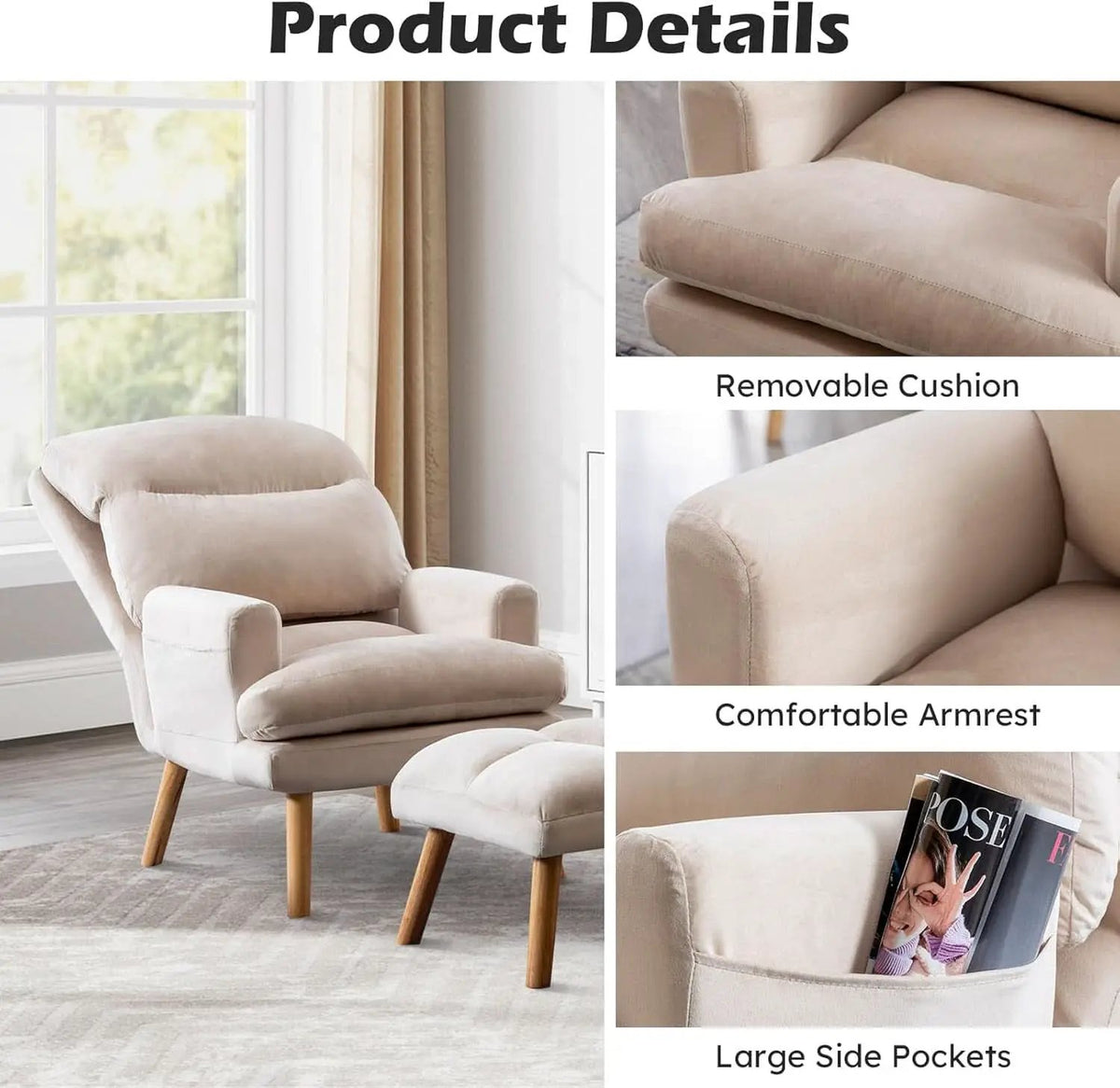 Beige Accent Chair With Ottoman Adjustable Backrest from PriceLows™