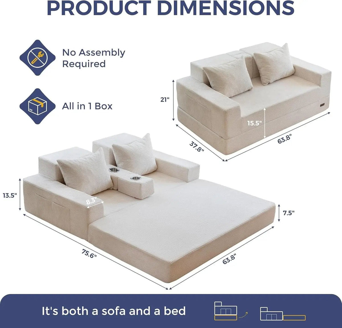 Beige Foldable Convertible Sleeper Sofa With CupHolders from PriceLows™