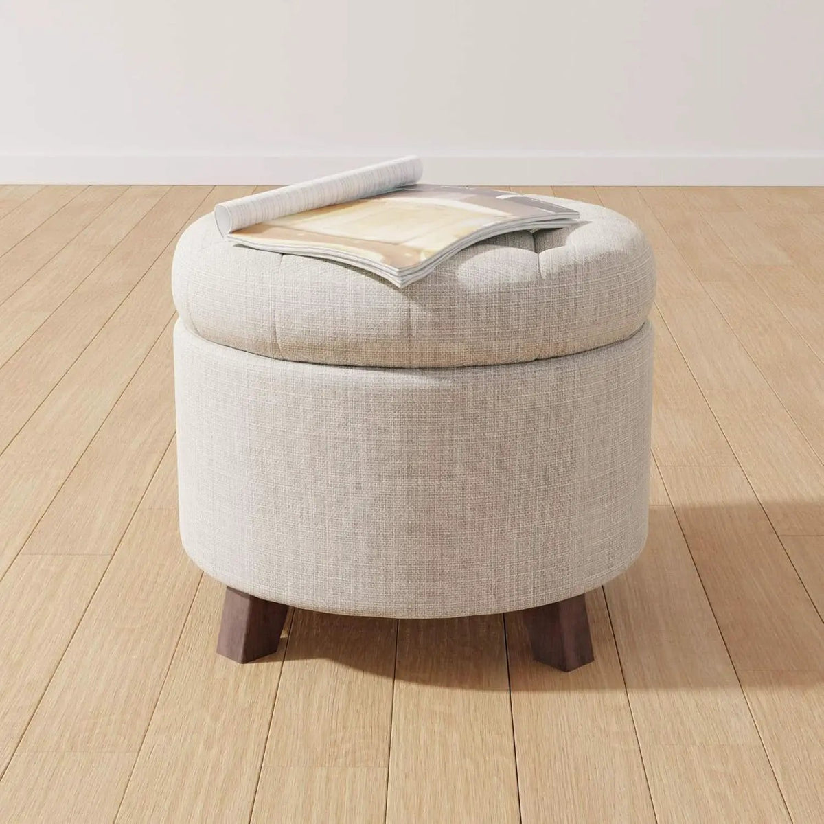 Beige Linen Round Storage Ottoman Featuring Tufting from PriceLows™