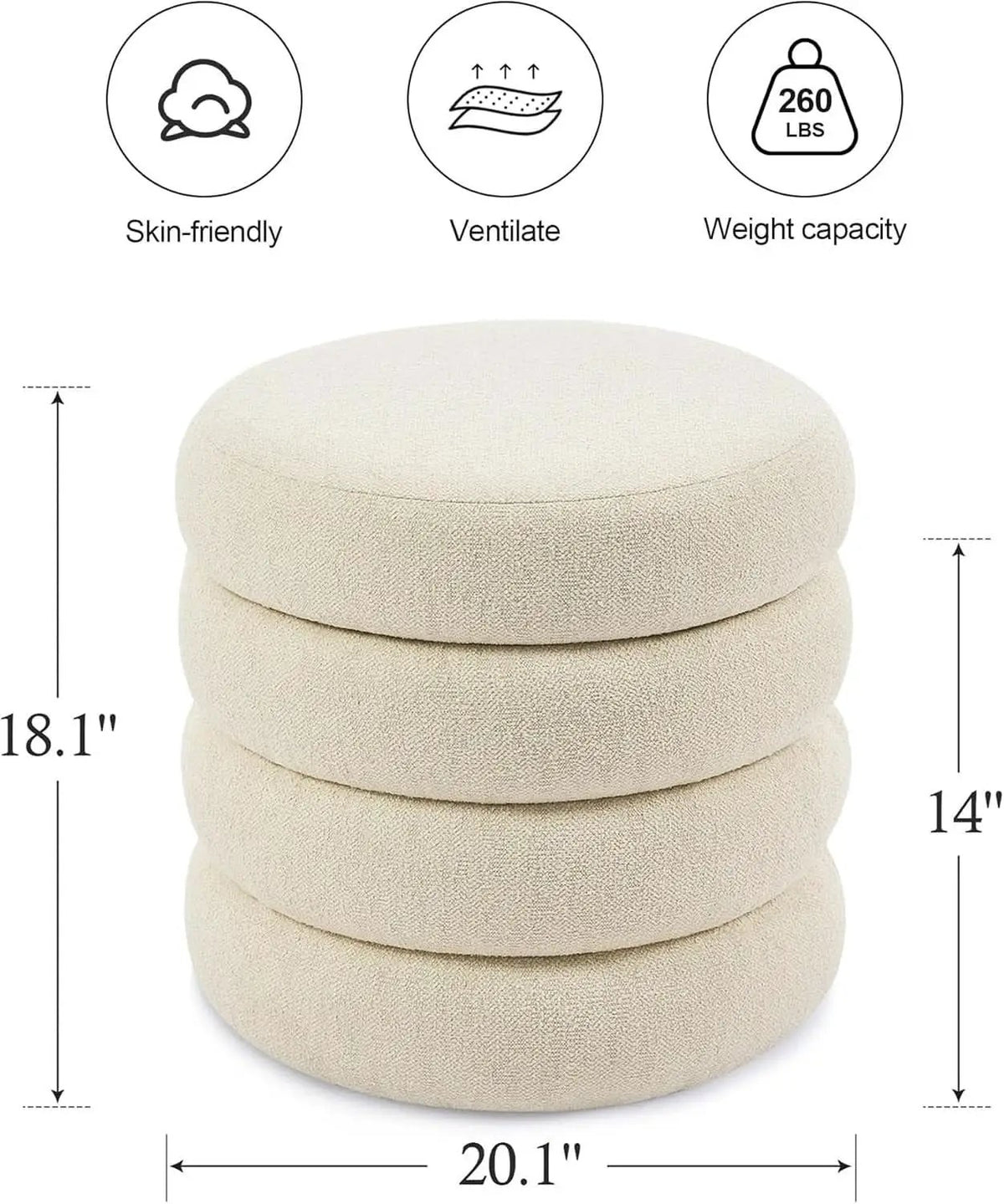 Beige Linen Upholstered Round Storage Ottoman Removable Lid from PriceLows™