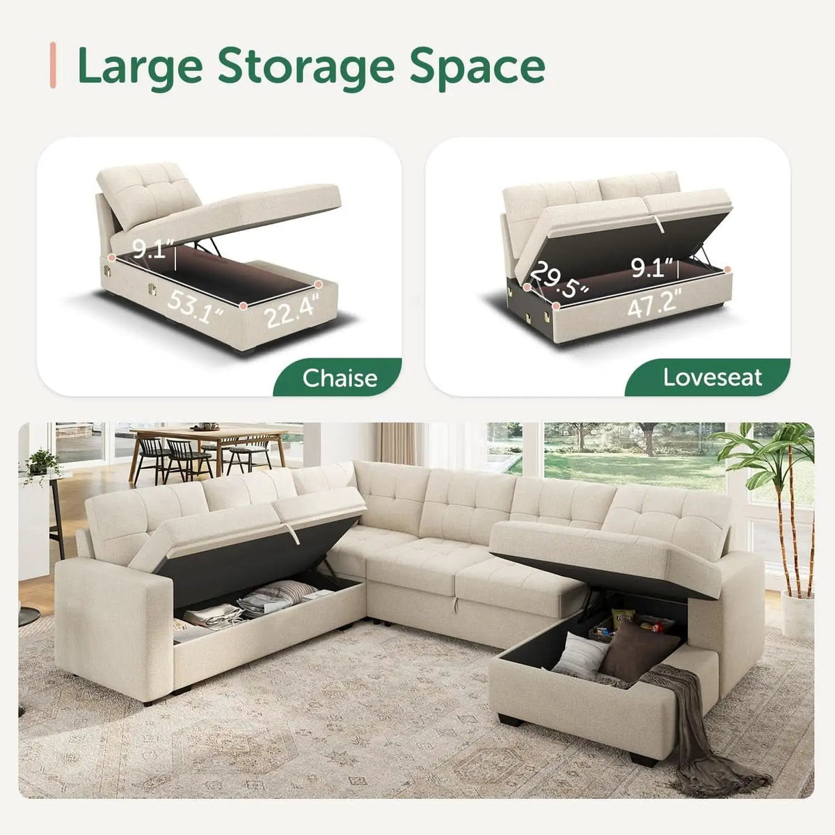 Beige U Shaped Sleeper Sofa Bed with Storage from PriceLows™