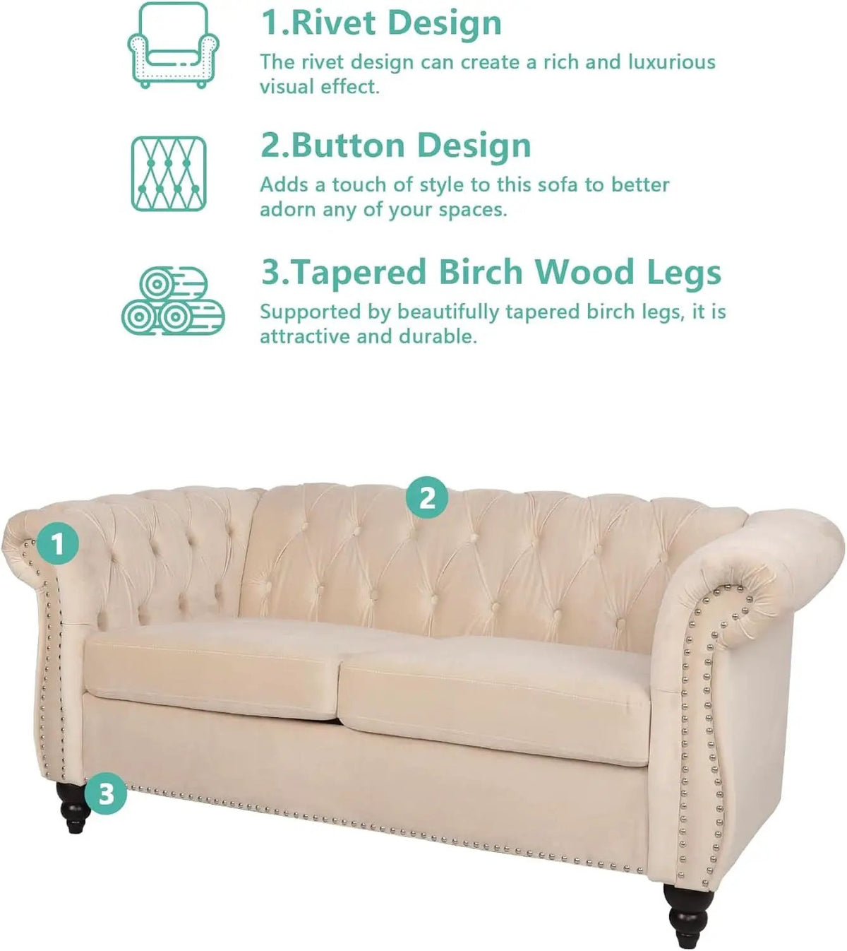 Beige Velvet 3 Piece Living Room Set With Chesterfield Sectional Sofa And Loveseat from PriceLows™