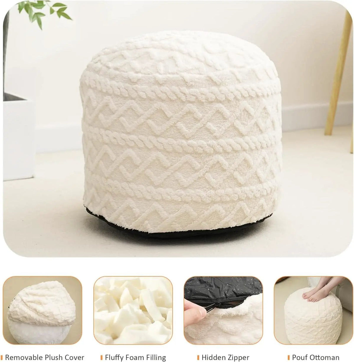 Beige Velvet Texture FauxFur Memory Foam Round Ottoman from PriceLows™