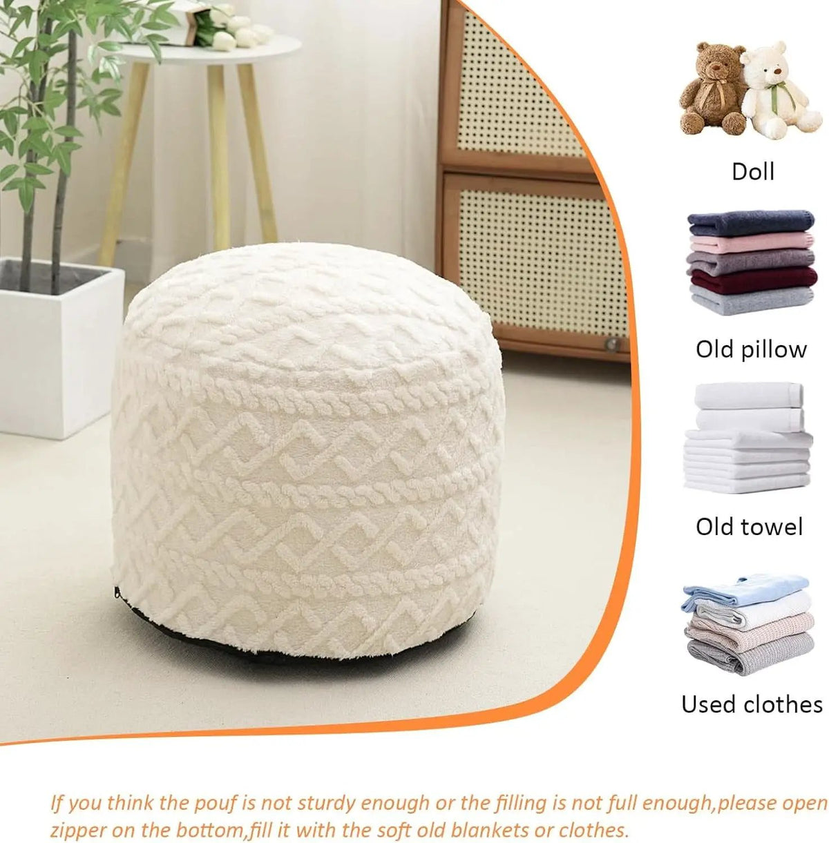 Beige Velvet Texture FauxFur Memory Foam Round Ottoman from PriceLows™