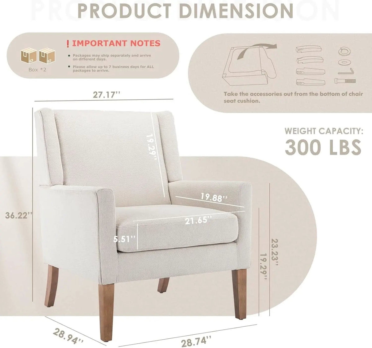Beige Wingback Chairs With Wood Legs For Living Room from PriceLows™