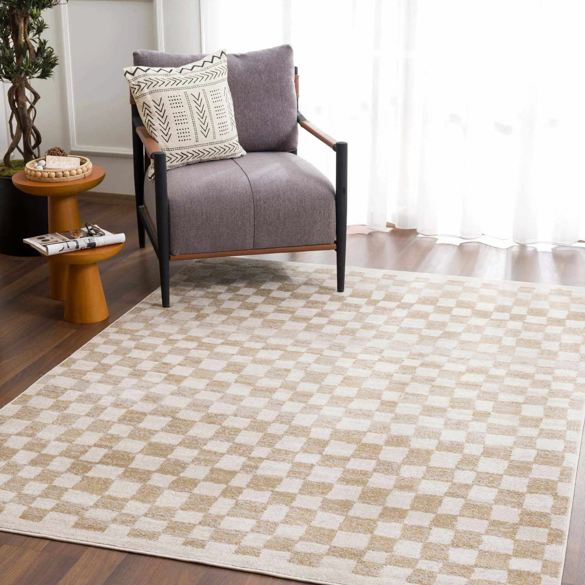Benjy Cream & Gold Checkered Area Rug from PriceLows™