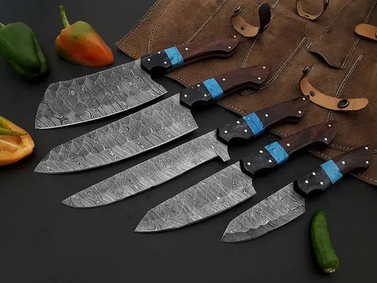 Best Chef Knives Sets – 8" Handmade Damascus Steel Chef Knife with Wenge Resin Handle & Leather Sheath