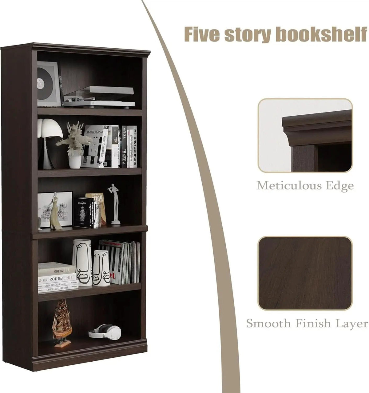 Bevfint 70 Inch Dark Cherry 5 Tier Floor Standing Bookcase from PriceLows™
