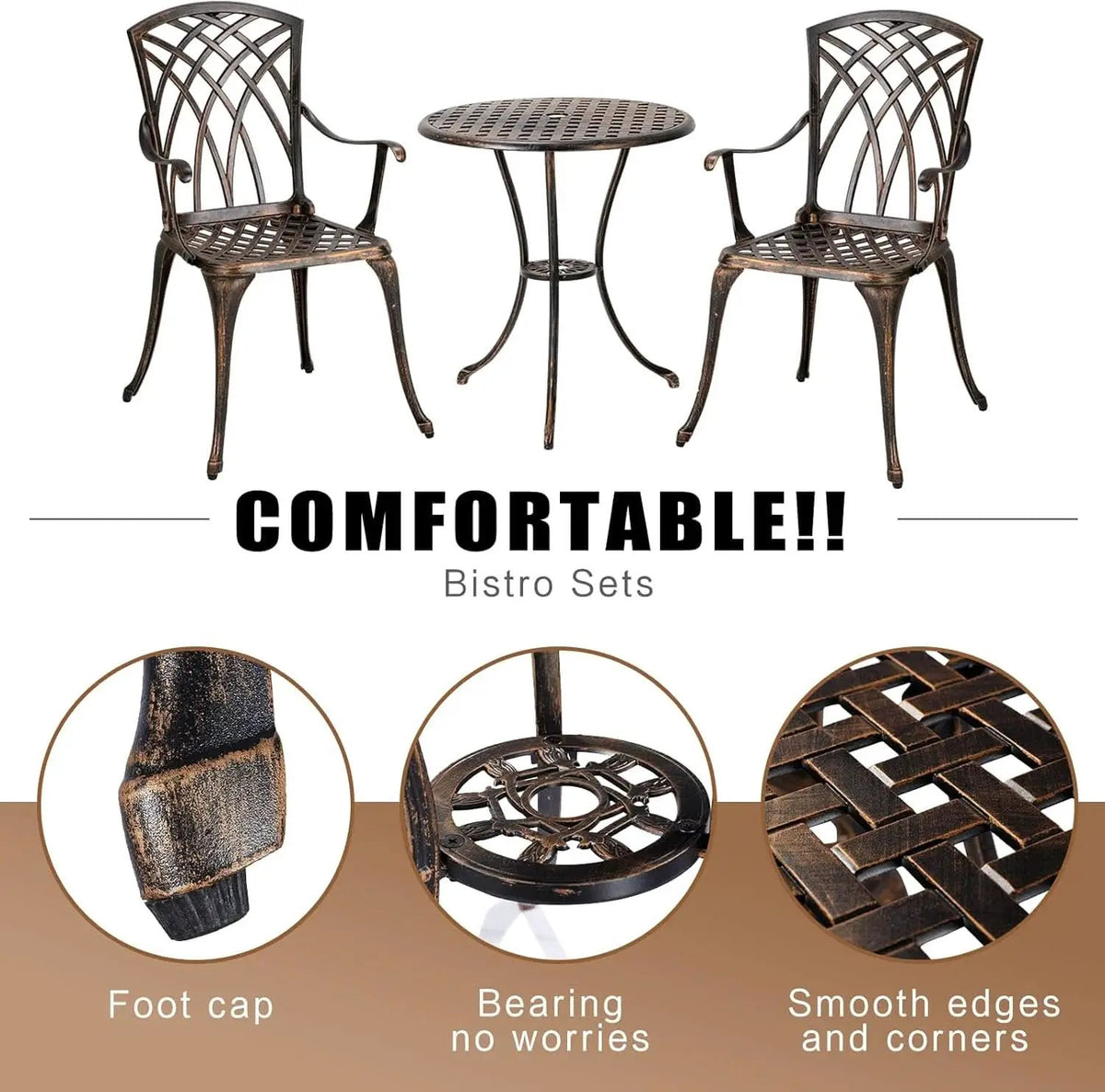 Bistro Set 3 Piece Rustproof Cast Aluminum Furniture Bronze from PriceLows™