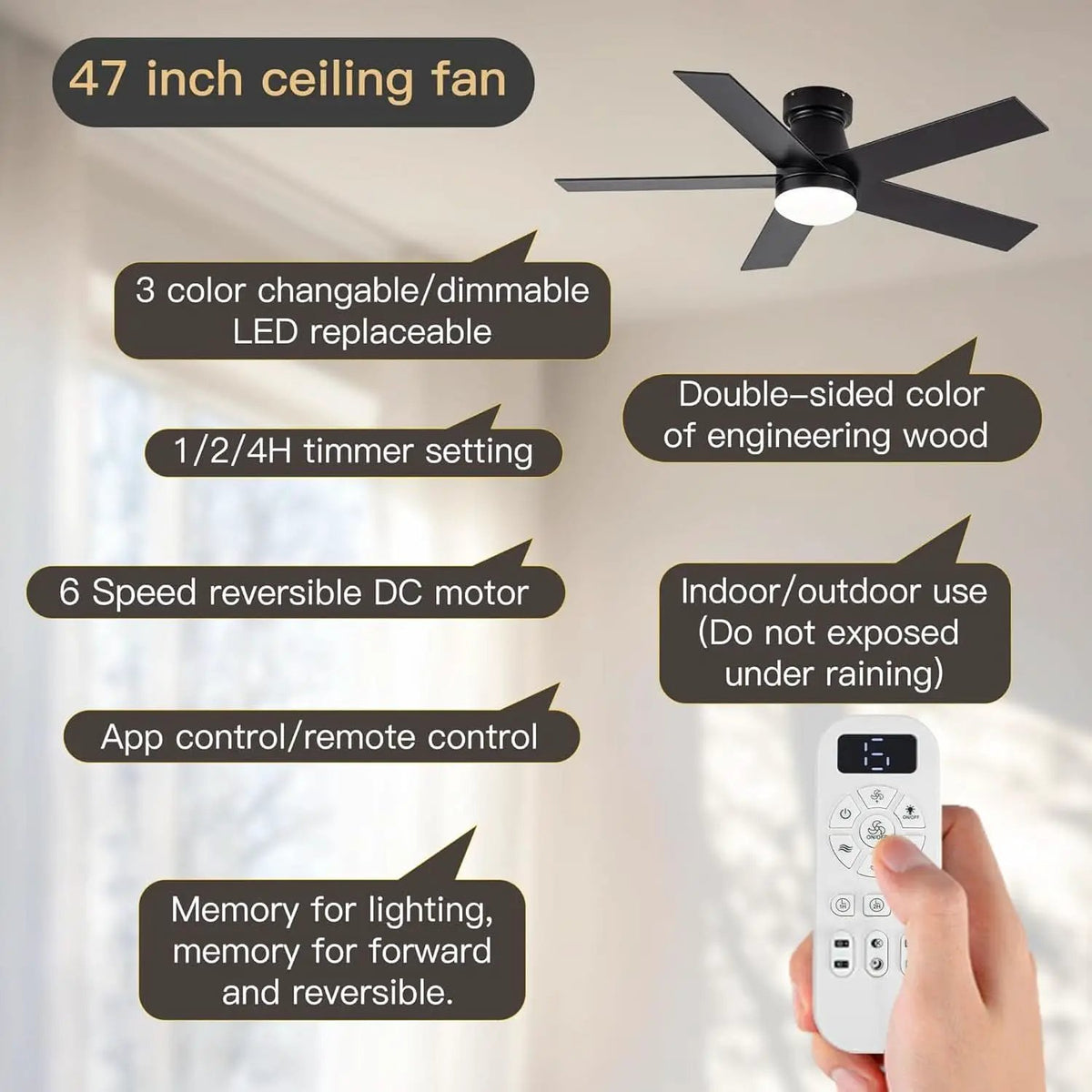 Black 47 Inch Low Profile Ceiling Fan With Remote LED from PriceLows™
