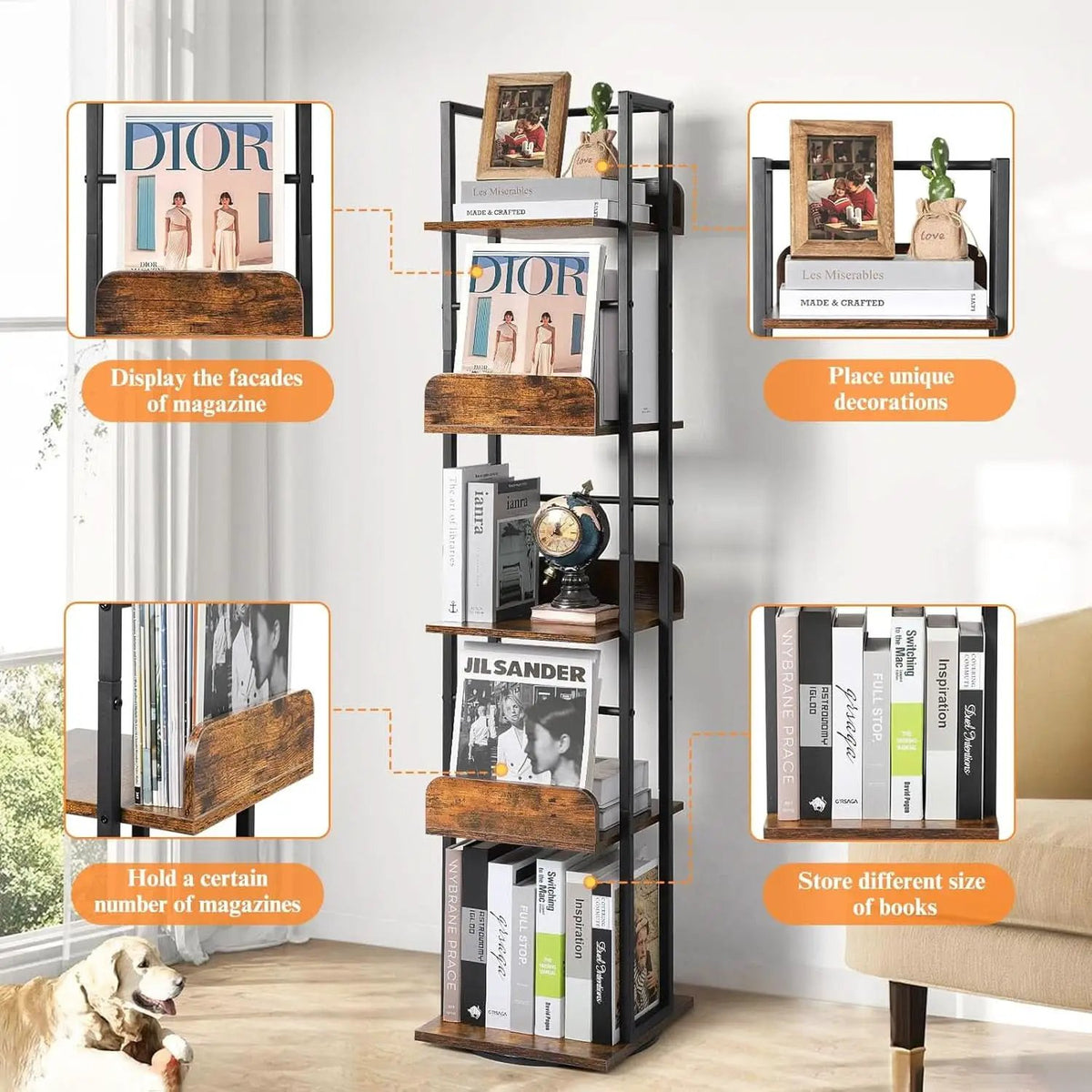 Black 5-Shelf 360 Degree Rotating Corner Bookshelf Tower from PriceLows™