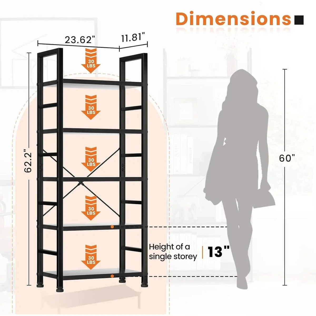 Black 5 Tier Bookcase Space Saving Tall Studio Home Office from PriceLows™