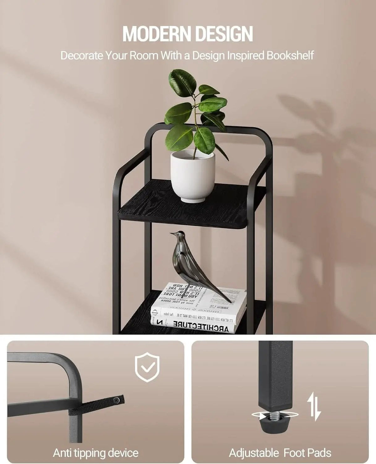 Black 5 Tier Narrow Bookcase Corner Shelf Organizer Industrial Design from PriceLows™