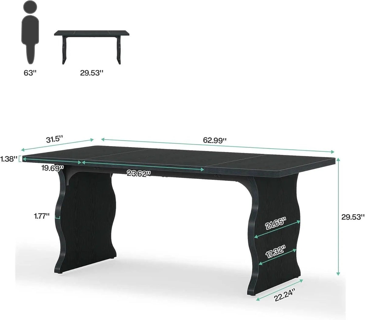 Black 63 Inch Rectangular Modern Dining Table For 4 To 6 from PriceLows™