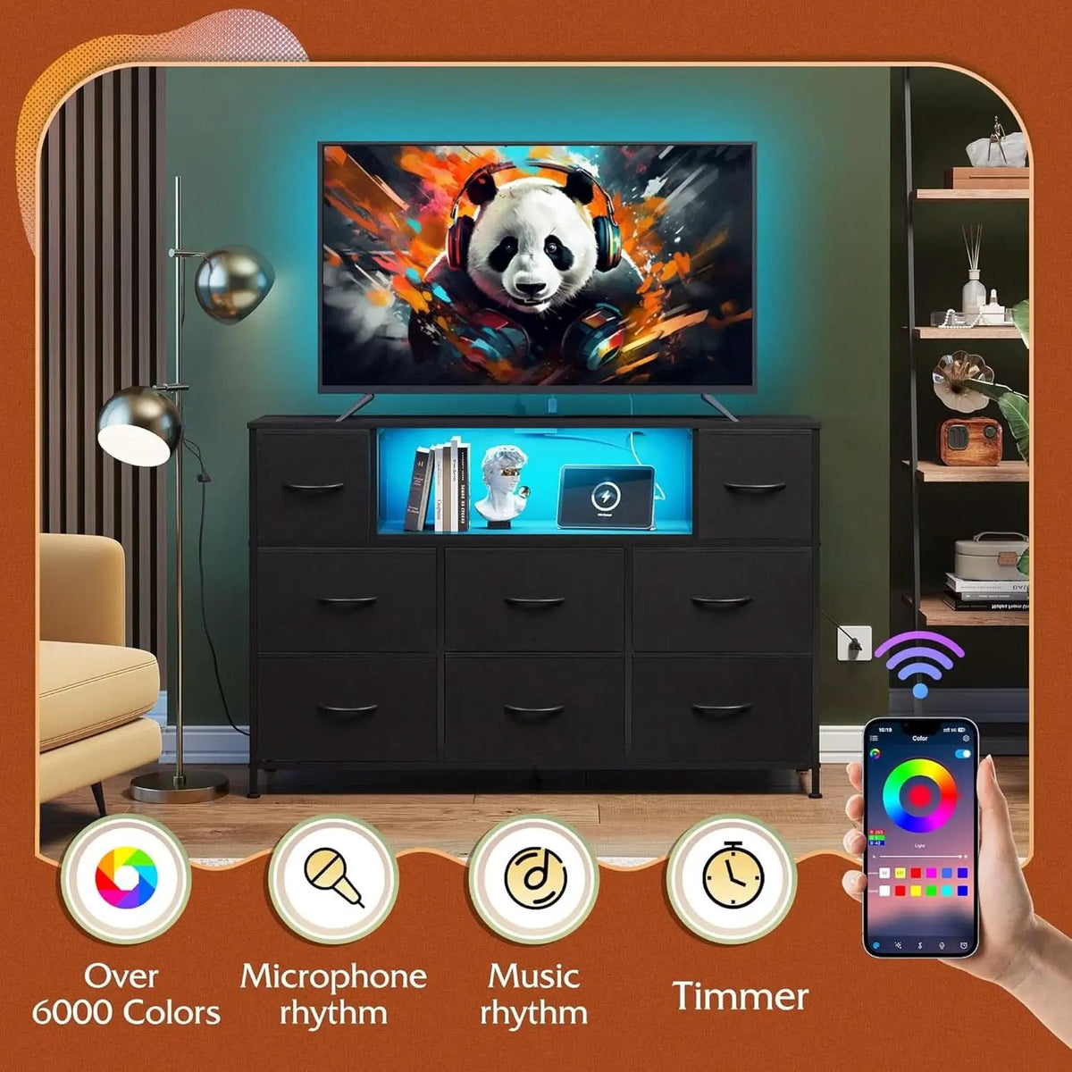 Black Fabric Dresser With Charging Station And LED Lights from PriceLows™