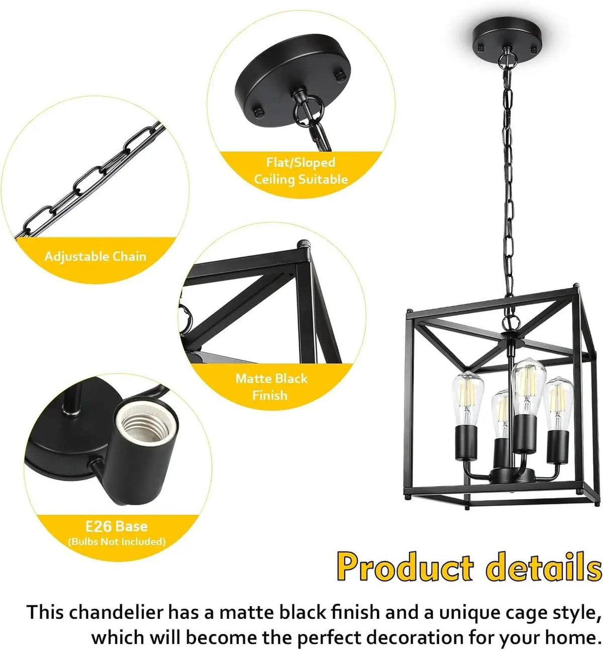 Black Farmhouse 4 Light Chandelier Pendant Light Adjustable from PriceLows™