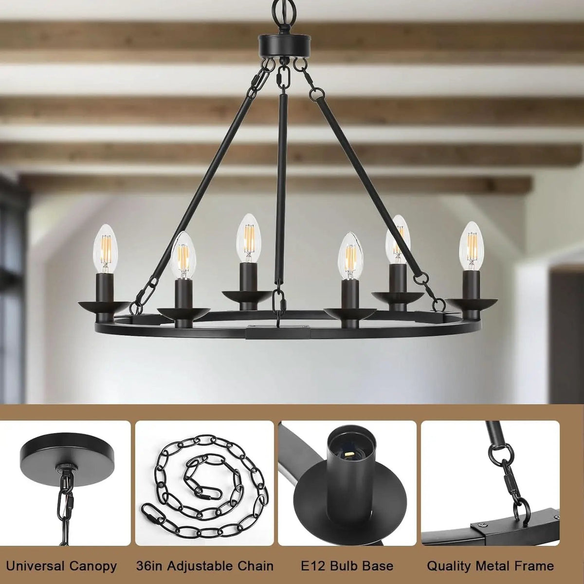 Black Farmhouse Wagon Wheel Chandelier Six Light Fixture from PriceLows™