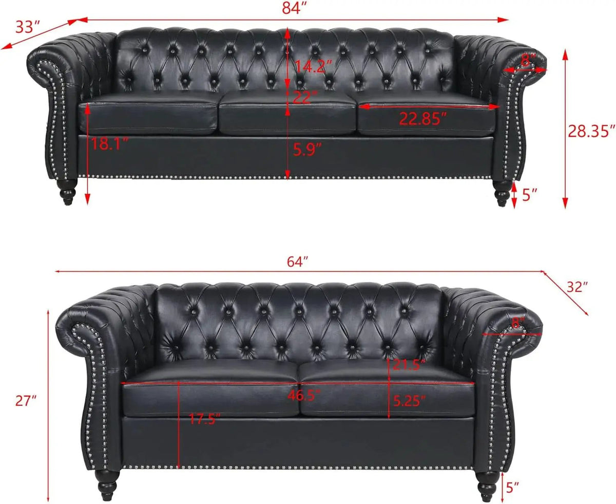 Black Faux Leather Chesterfield Sofa Set 3 Seater Loveseat from PriceLows™