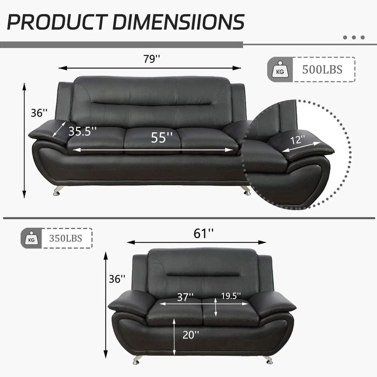 Black Faux Leather Sofa Loveseat 2 Piece Living Room Set from PriceLows™