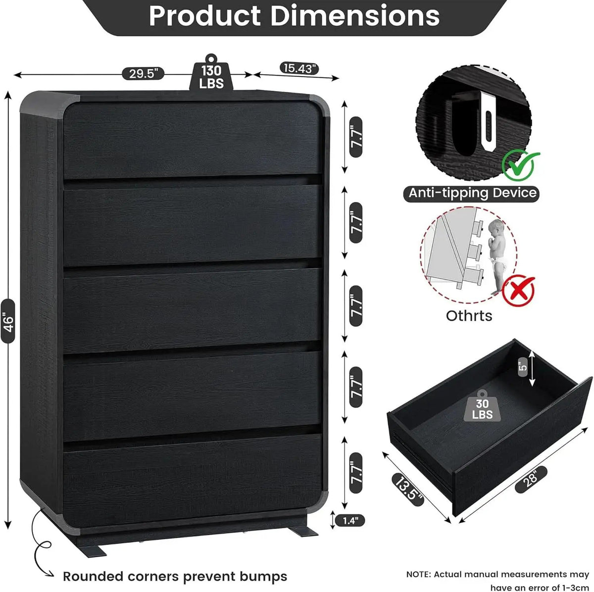 Black Hardwood Dresser With Curved Front Storage Panel from PriceLows™