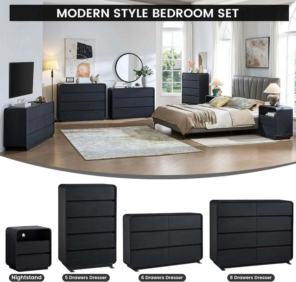 Black Hardwood Dresser With Curved Front Storage Panel from PriceLows™