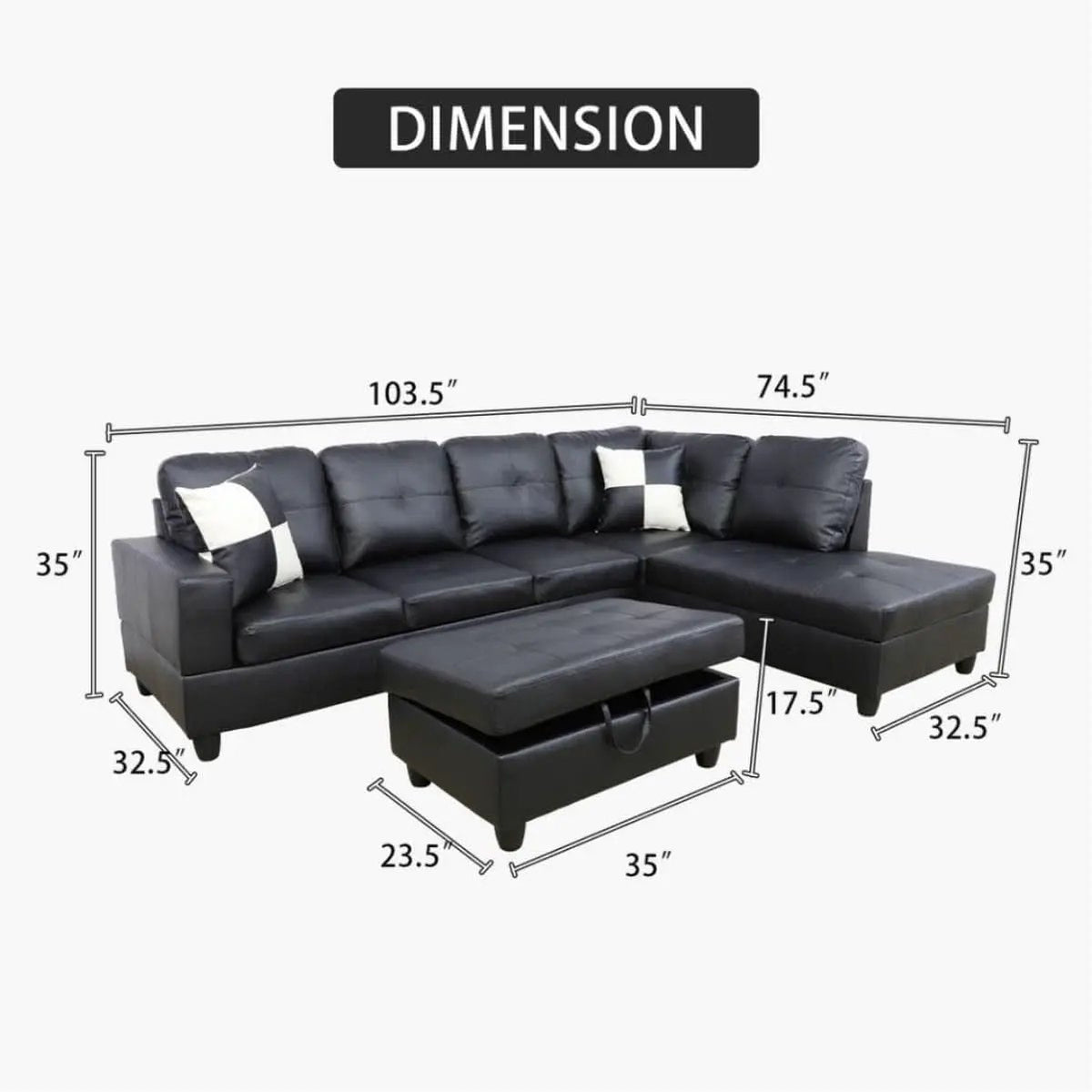 Black L Shaped 3 Piece Faux Leather Sofa Set With Storage Ottoman from PriceLows™