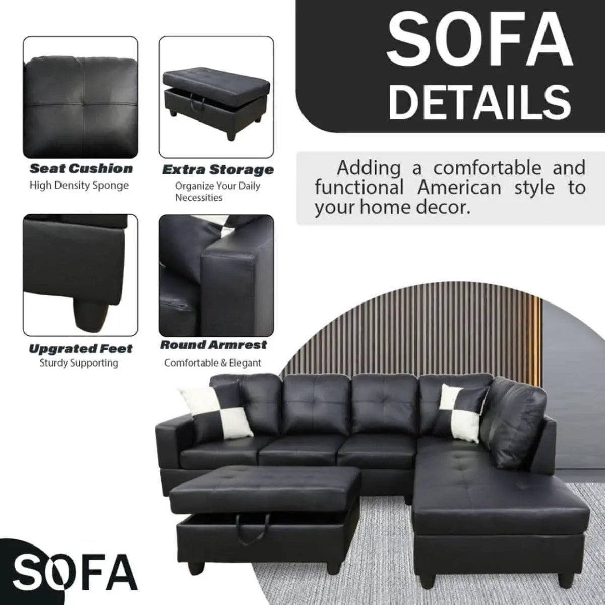 Black L Shaped 3 Piece Faux Leather Sofa Set With Storage Ottoman from PriceLows™