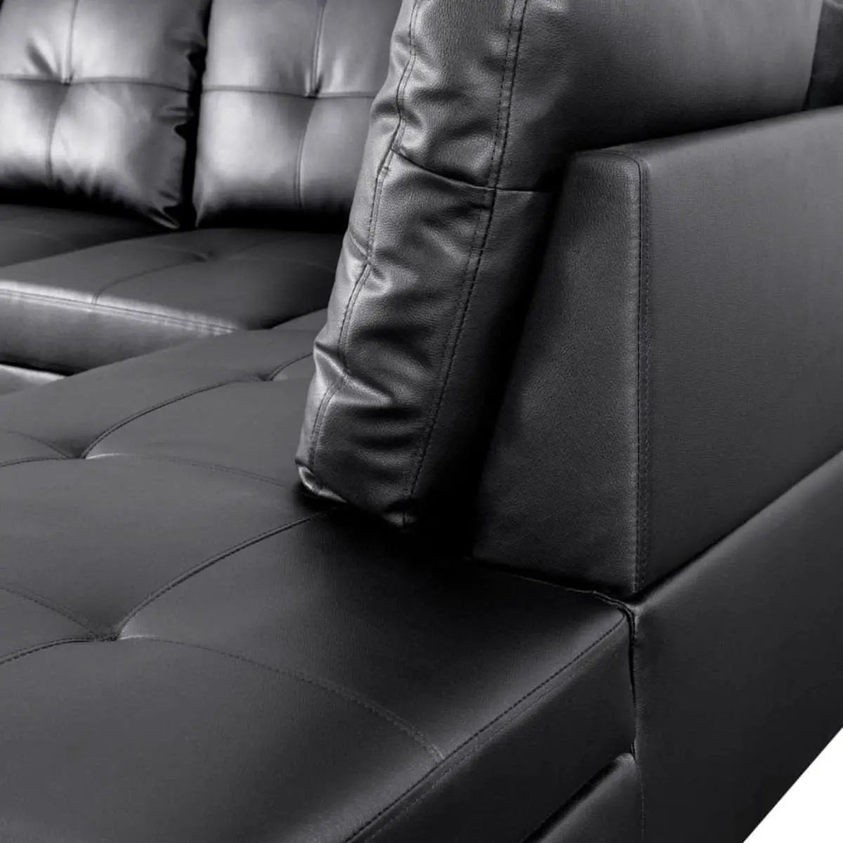 Black L Shaped 3 Piece Faux Leather Sofa Set With Storage Ottoman from PriceLows™