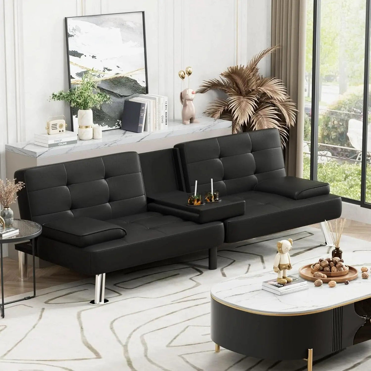Black Leather Futon Sofa Bed With Adjustable Armrests And Cup Holders from PriceLows™