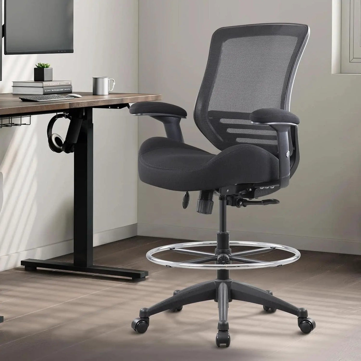 Black Mesh Ergonomic Drafting Chair With Height Adjustable Armrests from PriceLows™