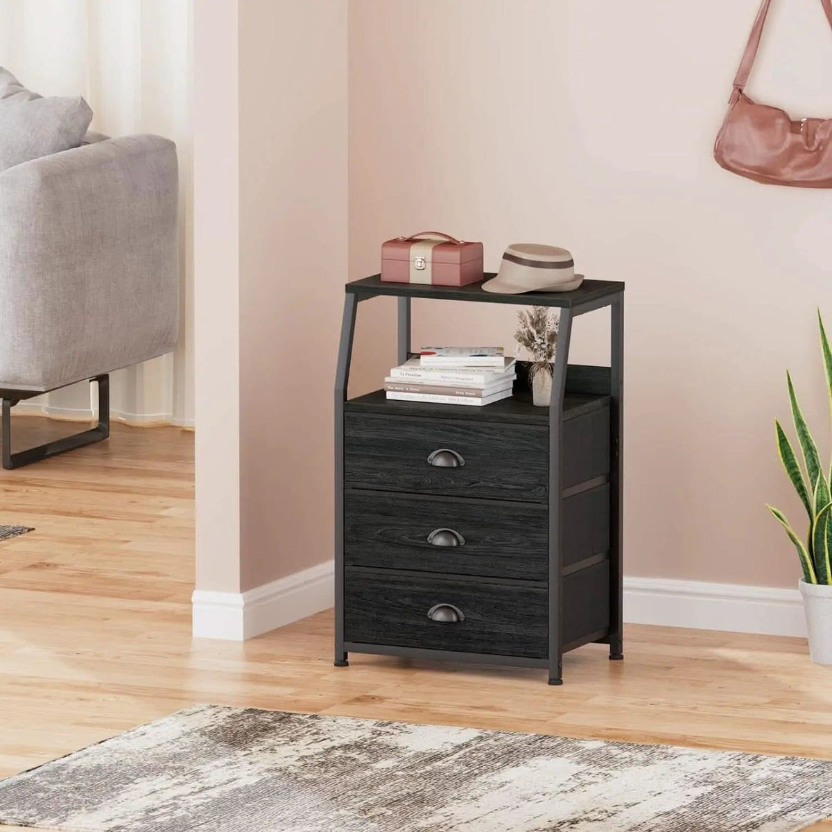 Black Night Stand With 3 Fabric Drawers And 2 Tier Shelf from PriceLows™