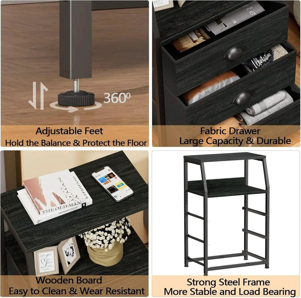 Black Night Stand With 3 Fabric Drawers And 2 Tier Shelf from PriceLows™